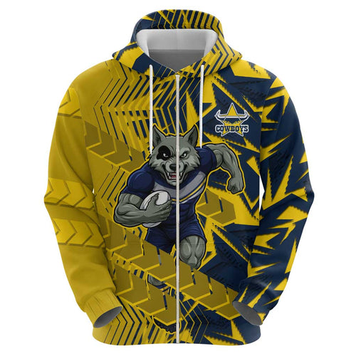 North Queensland Cowboys Rugby Hoodie Fierce Mascot Geometric Tribal Art