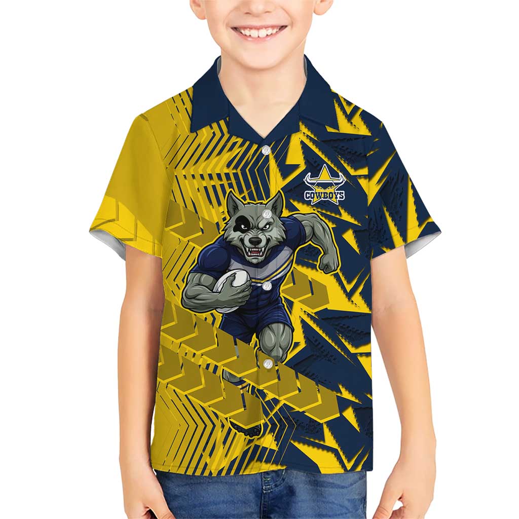 North Queensland Cowboys Rugby Kid Hawaiian Shirt Fierce Mascot Geometric Tribal Art