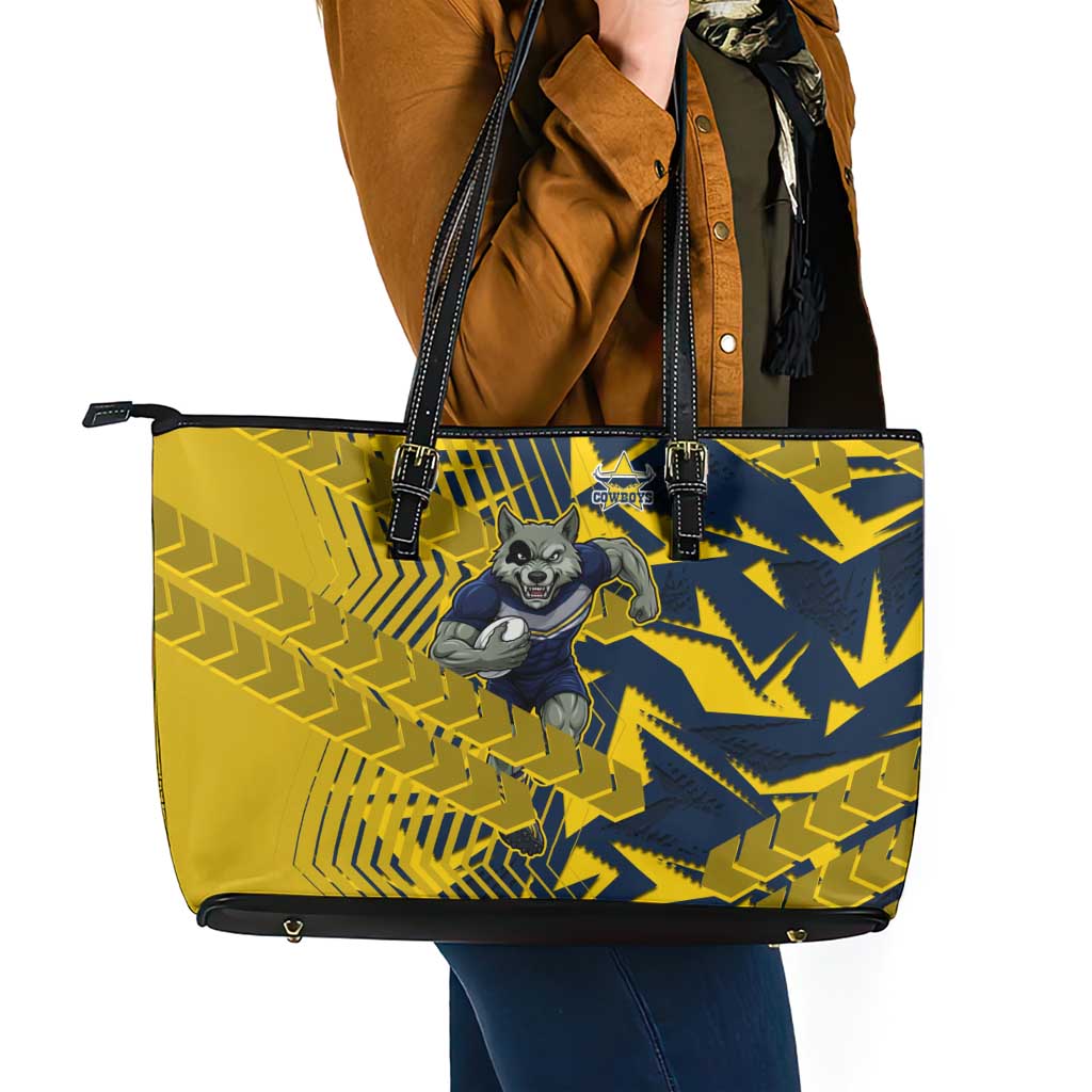 North Queensland Cowboys Rugby Leather Tote Bag Fierce Mascot Geometric Tribal Art