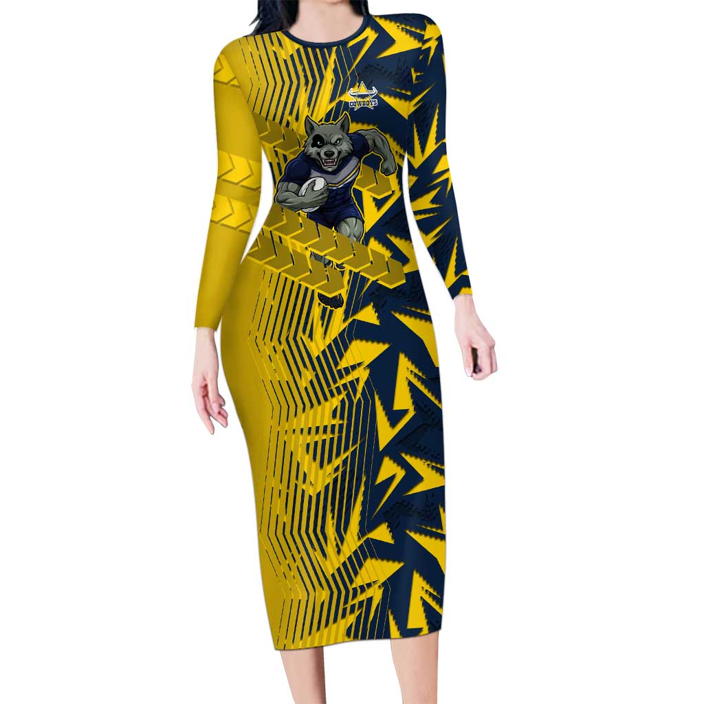 North Queensland Cowboys Rugby Long Sleeve Bodycon Dress Fierce Mascot Geometric Tribal Art