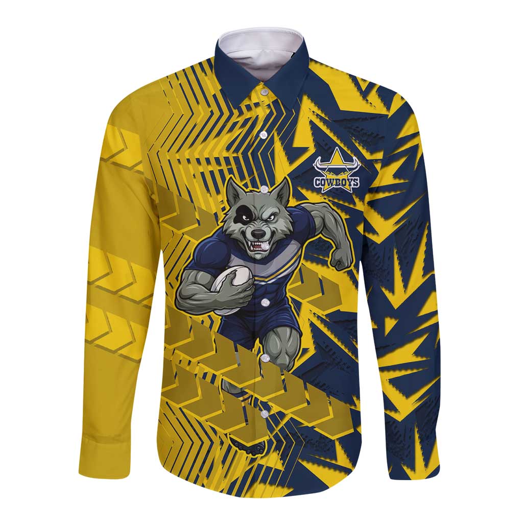 North Queensland Cowboys Rugby Long Sleeve Button Shirt Fierce Mascot Geometric Tribal Art