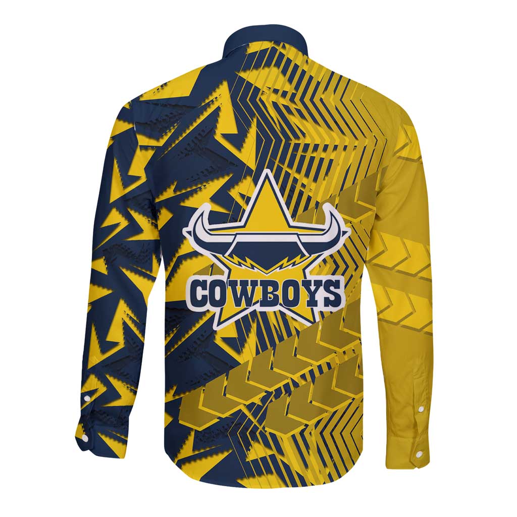 North Queensland Cowboys Rugby Long Sleeve Button Shirt Fierce Mascot Geometric Tribal Art