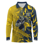 North Queensland Cowboys Rugby Long Sleeve Polo Shirt Fierce Mascot Geometric Tribal Art