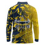 North Queensland Cowboys Rugby Long Sleeve Polo Shirt Fierce Mascot Geometric Tribal Art