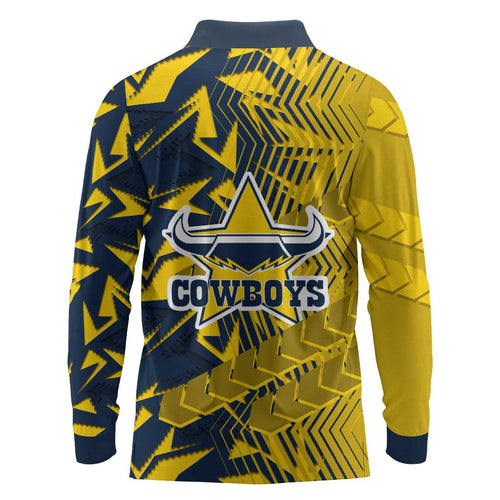 North Queensland Cowboys Rugby Long Sleeve Polo Shirt Fierce Mascot Geometric Tribal Art