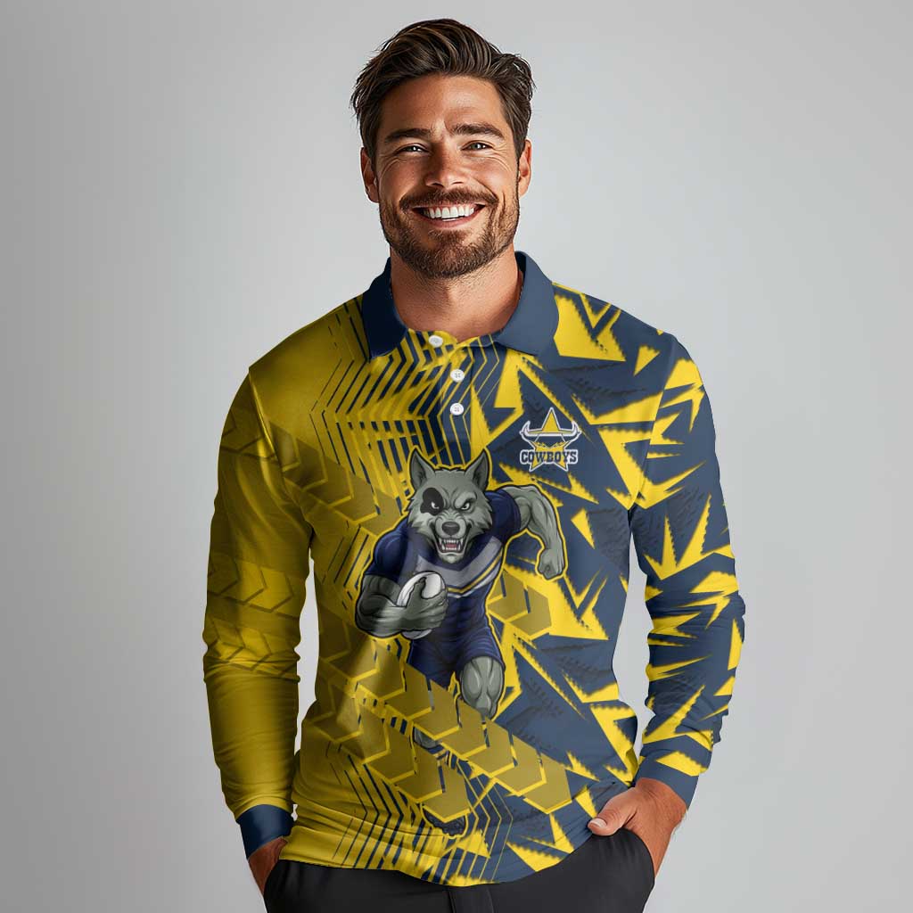 North Queensland Cowboys Rugby Long Sleeve Polo Shirt Fierce Mascot Geometric Tribal Art