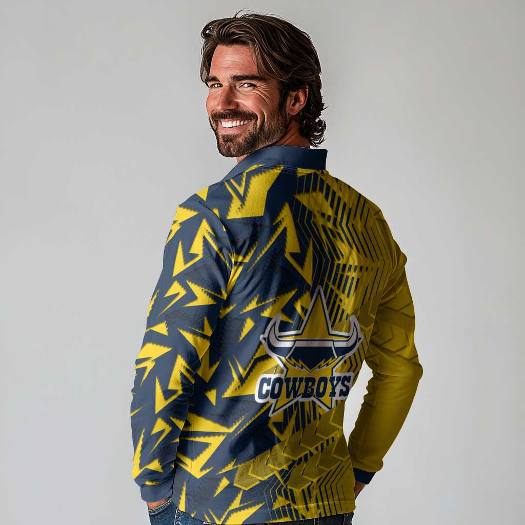 North Queensland Cowboys Rugby Long Sleeve Polo Shirt Fierce Mascot Geometric Tribal Art