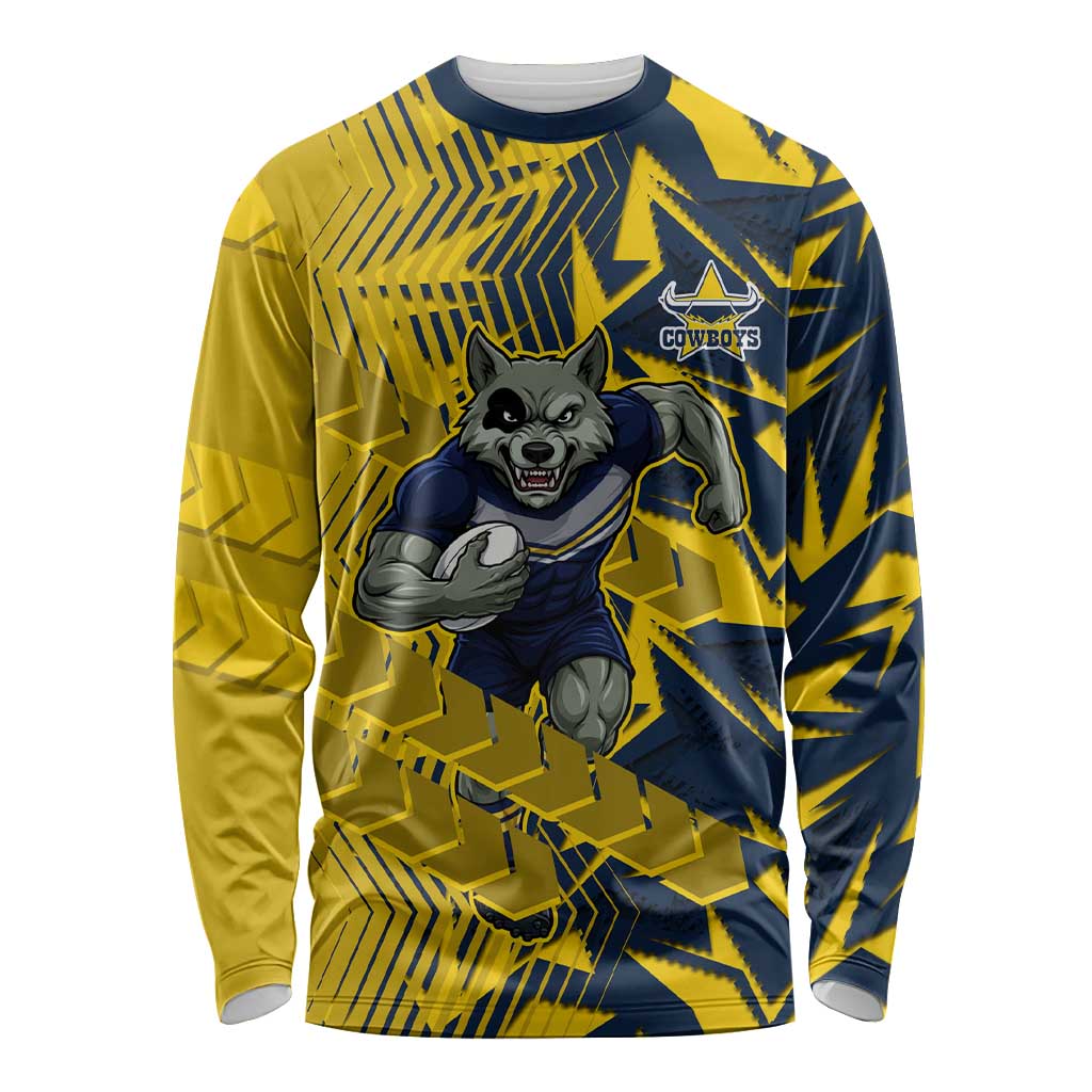 North Queensland Cowboys Rugby Long Sleeve Shirt Fierce Mascot Geometric Tribal Art