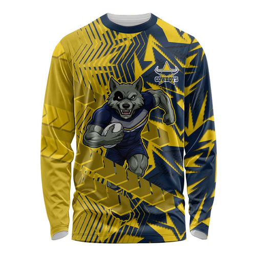 North Queensland Cowboys Rugby Long Sleeve Shirt Fierce Mascot Geometric Tribal Art