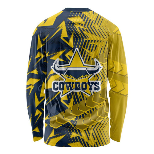 North Queensland Cowboys Rugby Long Sleeve Shirt Fierce Mascot Geometric Tribal Art