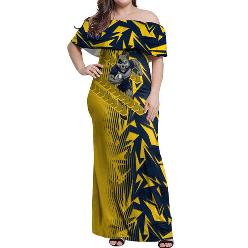 North Queensland Cowboys Rugby Off Shoulder Maxi Dress Fierce Mascot Geometric Tribal Art