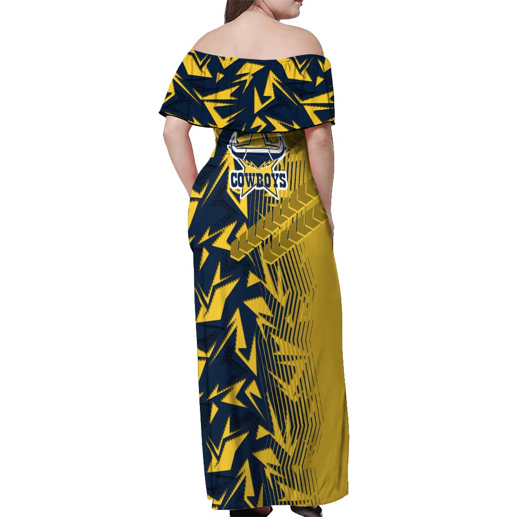 North Queensland Cowboys Rugby Off Shoulder Maxi Dress Fierce Mascot Geometric Tribal Art