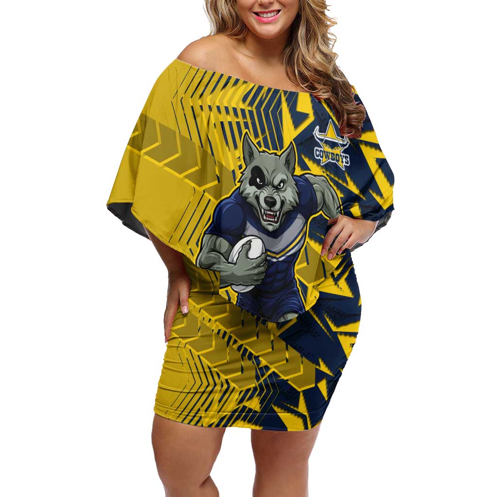 North Queensland Cowboys Rugby Off Shoulder Short Dress Fierce Mascot Geometric Tribal Art