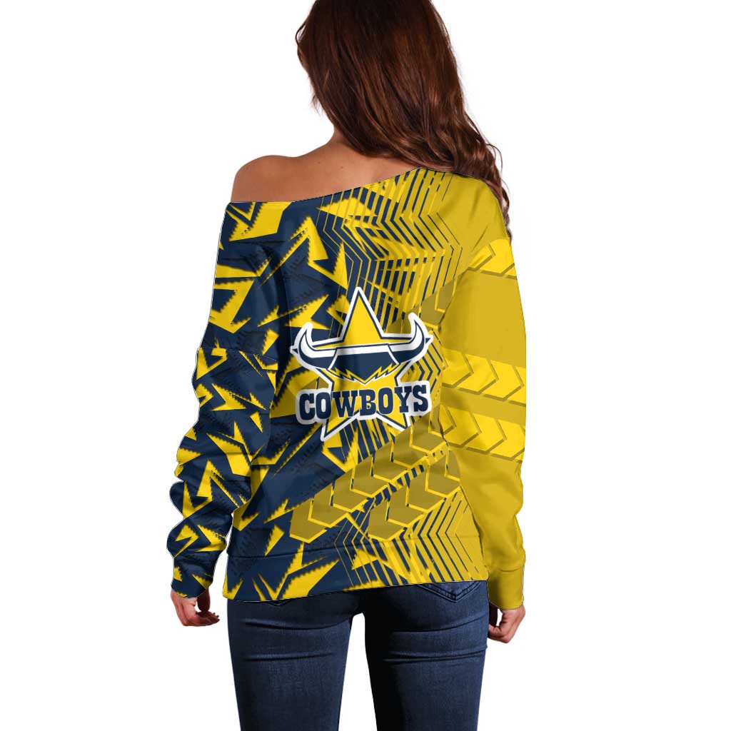 North Queensland Cowboys Rugby Off Shoulder Sweater Fierce Mascot Geometric Tribal Art