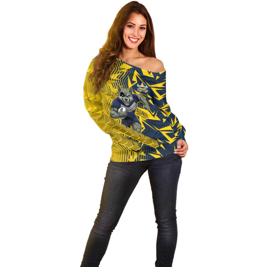 North Queensland Cowboys Rugby Off Shoulder Sweater Fierce Mascot Geometric Tribal Art