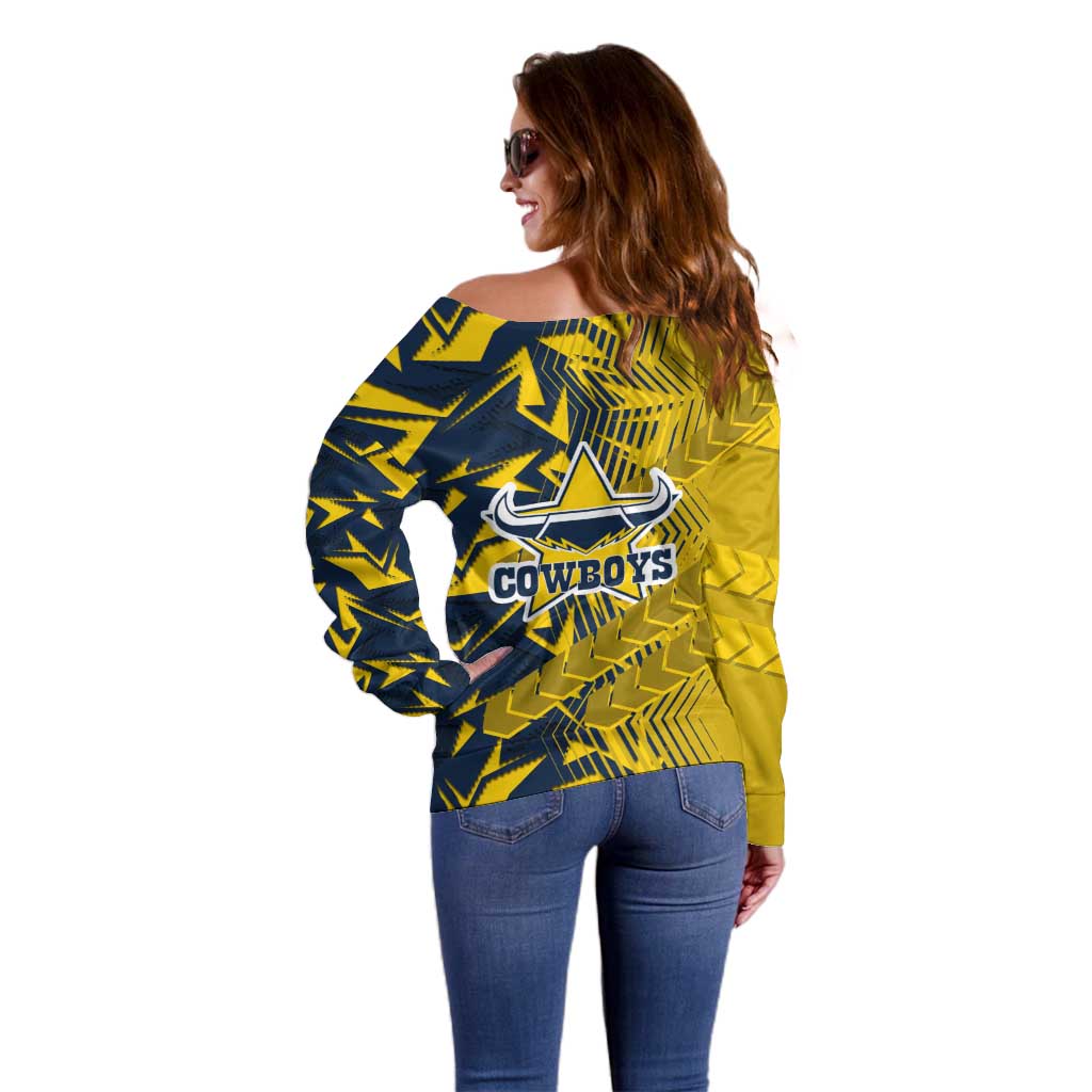 North Queensland Cowboys Rugby Off Shoulder Sweater Fierce Mascot Geometric Tribal Art
