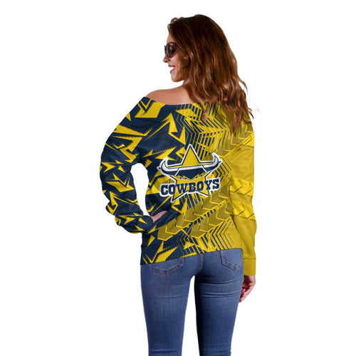 North Queensland Cowboys Rugby Off Shoulder Sweater Fierce Mascot Geometric Tribal Art