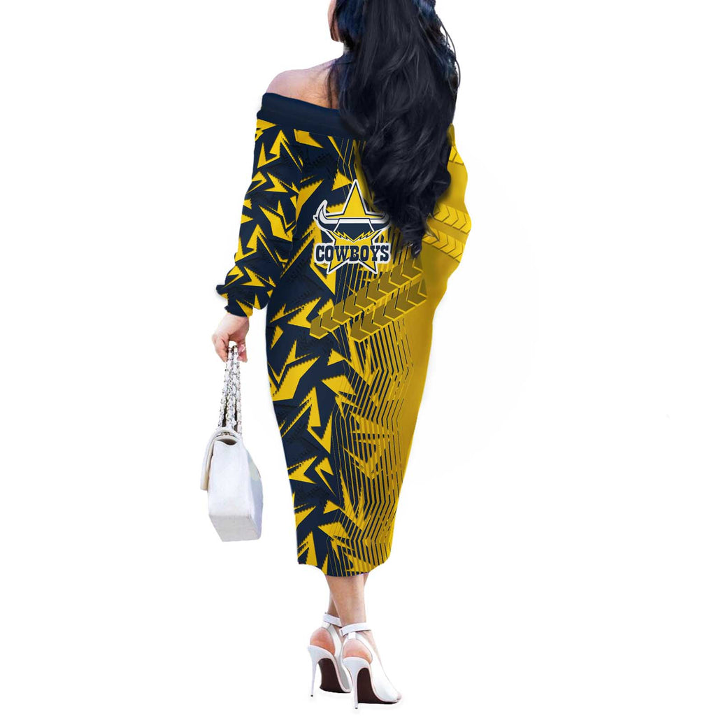 North Queensland Cowboys Rugby Off The Shoulder Long Sleeve Dress Fierce Mascot Geometric Tribal Art