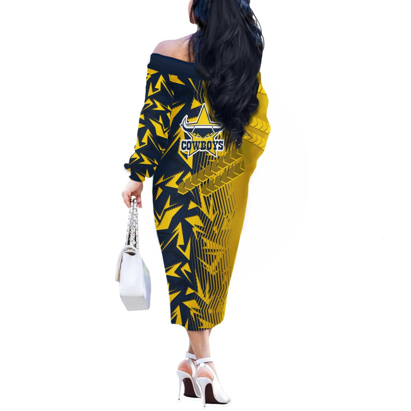 North Queensland Cowboys Rugby Off The Shoulder Long Sleeve Dress Fierce Mascot Geometric Tribal Art