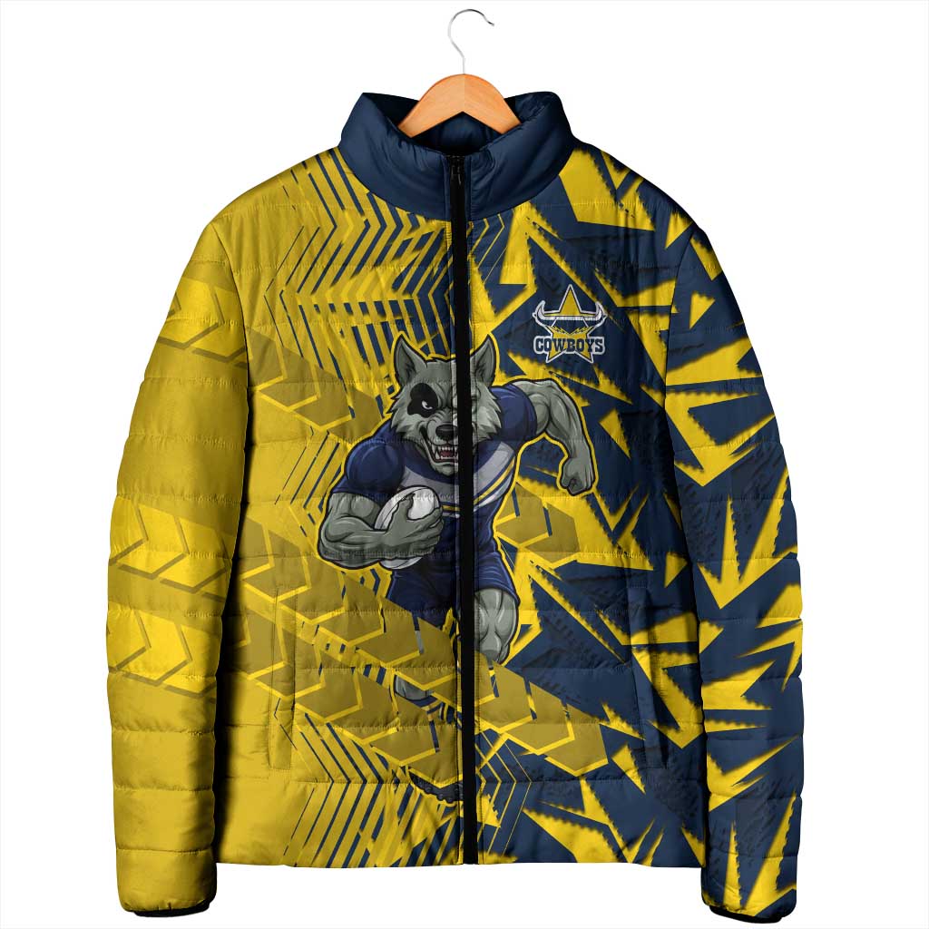 North Queensland Cowboys Rugby Padded Jacket Fierce Mascot Geometric Tribal Art
