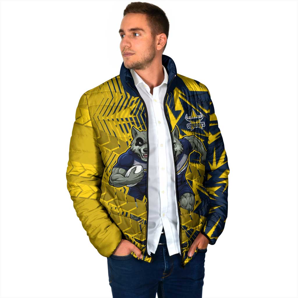 North Queensland Cowboys Rugby Padded Jacket Fierce Mascot Geometric Tribal Art