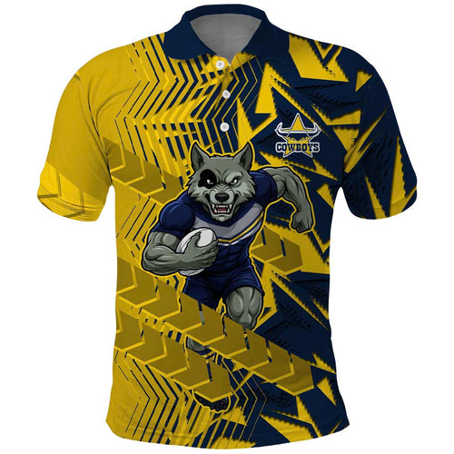 North Queensland Cowboys Rugby Polo Shirt Fierce Mascot Geometric Tribal Art