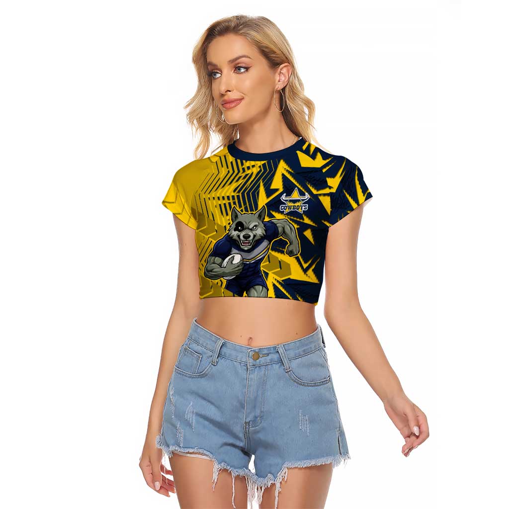 North Queensland Cowboys Rugby Raglan Cropped T Shirt Fierce Mascot Geometric Tribal Art