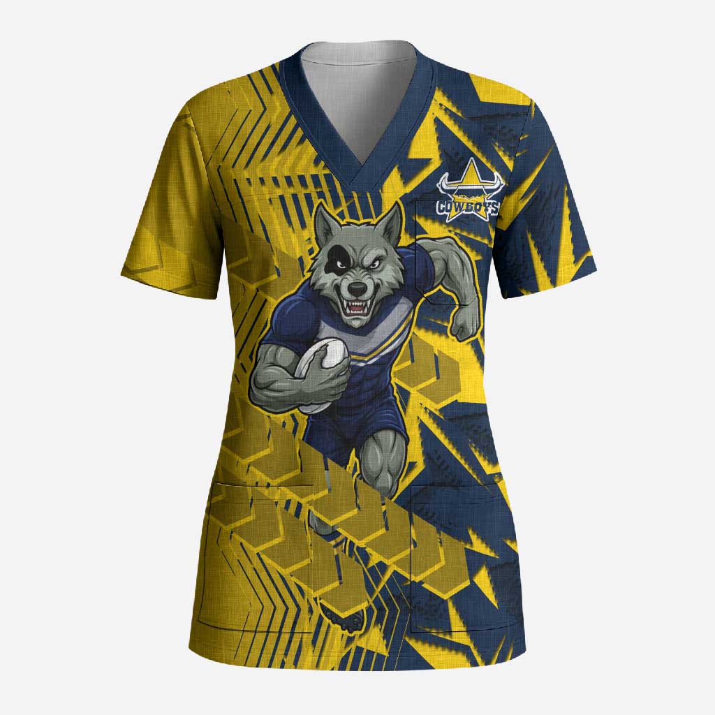 North Queensland Cowboys Rugby Scrub Top Fierce Mascot Geometric Tribal Art