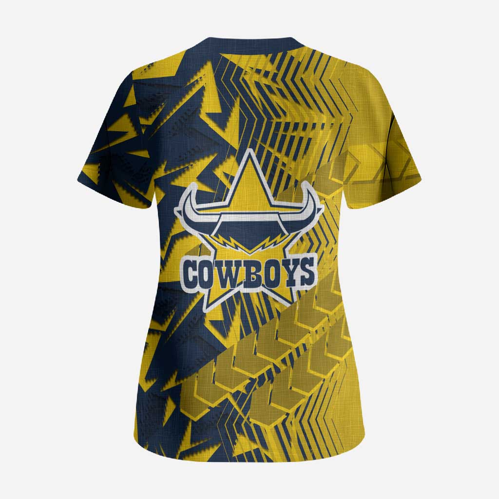 North Queensland Cowboys Rugby Scrub Top Fierce Mascot Geometric Tribal Art