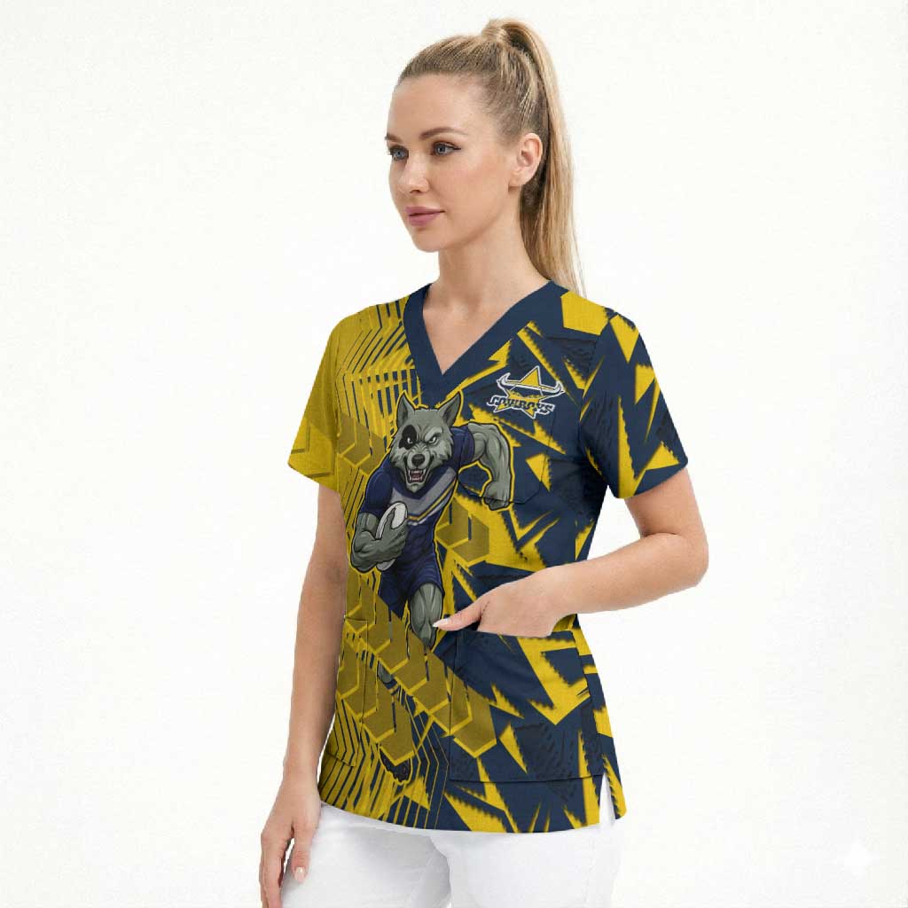 North Queensland Cowboys Rugby Scrub Top Fierce Mascot Geometric Tribal Art