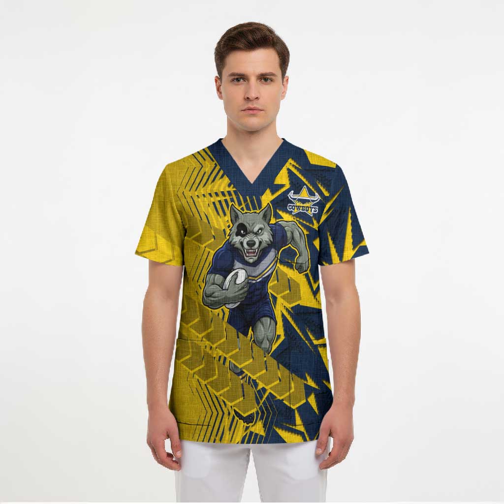 North Queensland Cowboys Rugby Scrub Top Fierce Mascot Geometric Tribal Art