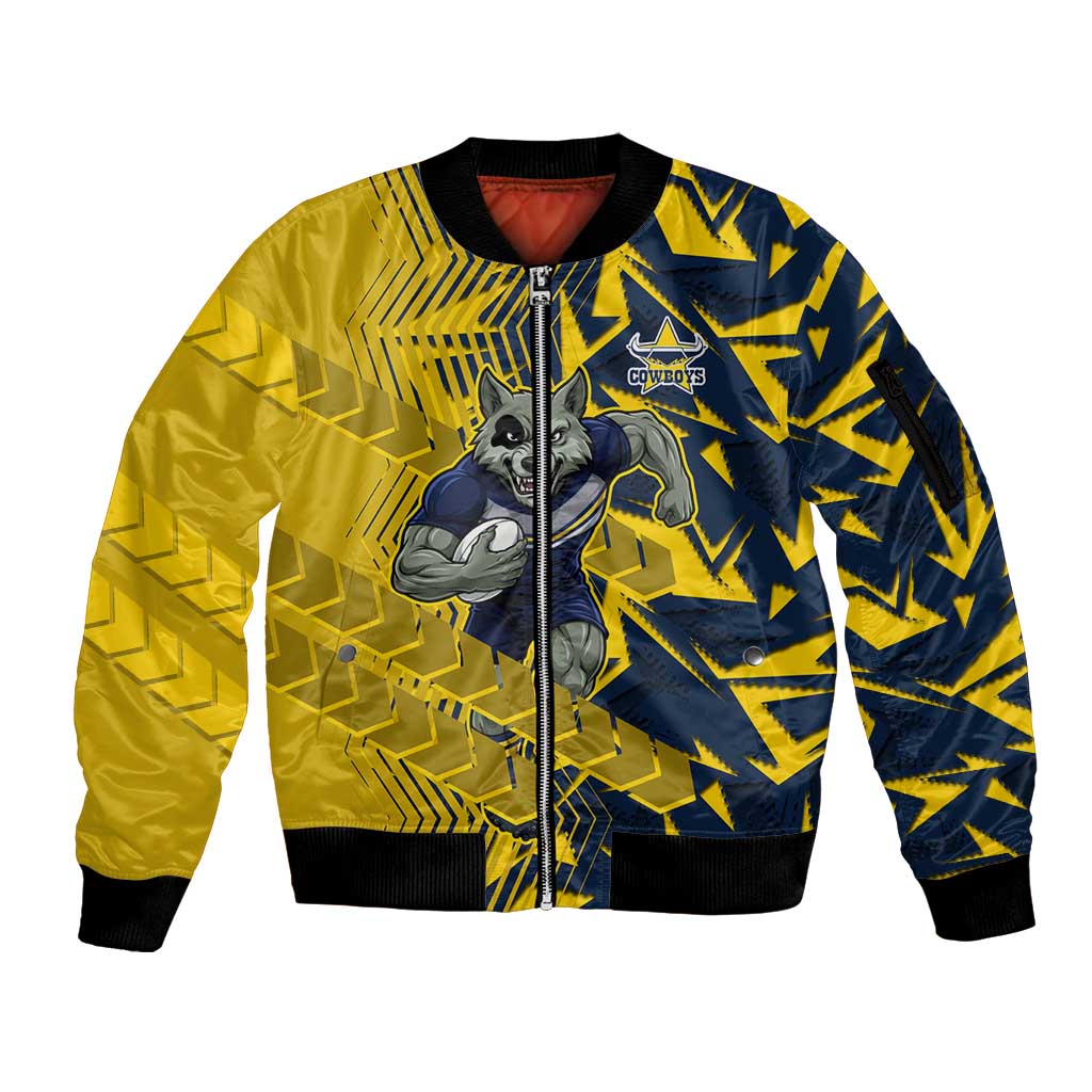 North Queensland Cowboys Rugby Sleeve Zip Bomber Jacket Fierce Mascot Geometric Tribal Art