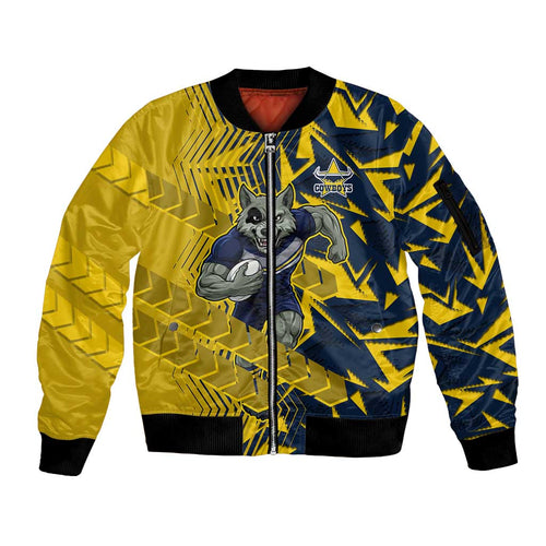 North Queensland Cowboys Rugby Sleeve Zip Bomber Jacket Fierce Mascot Geometric Tribal Art