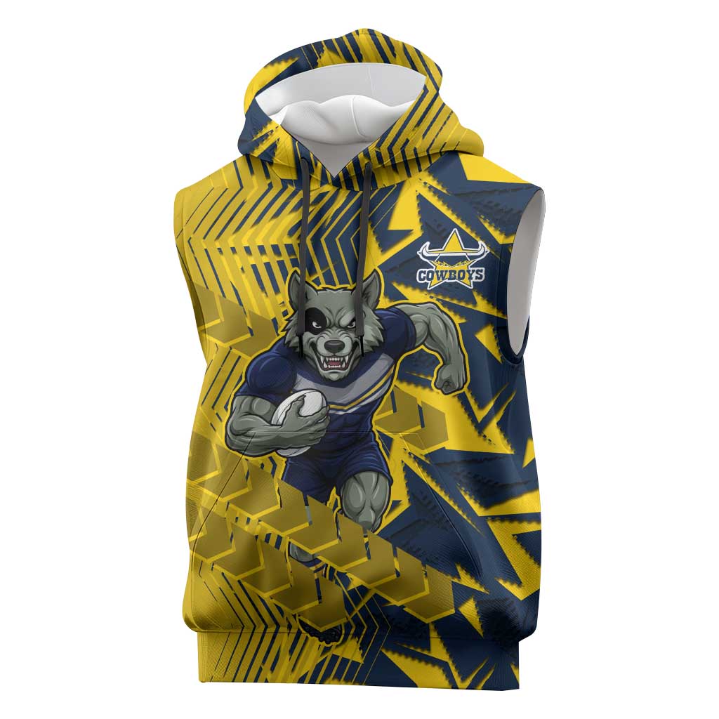 North Queensland Cowboys Rugby Sleeveless Hoodie Fierce Mascot Geometric Tribal Art