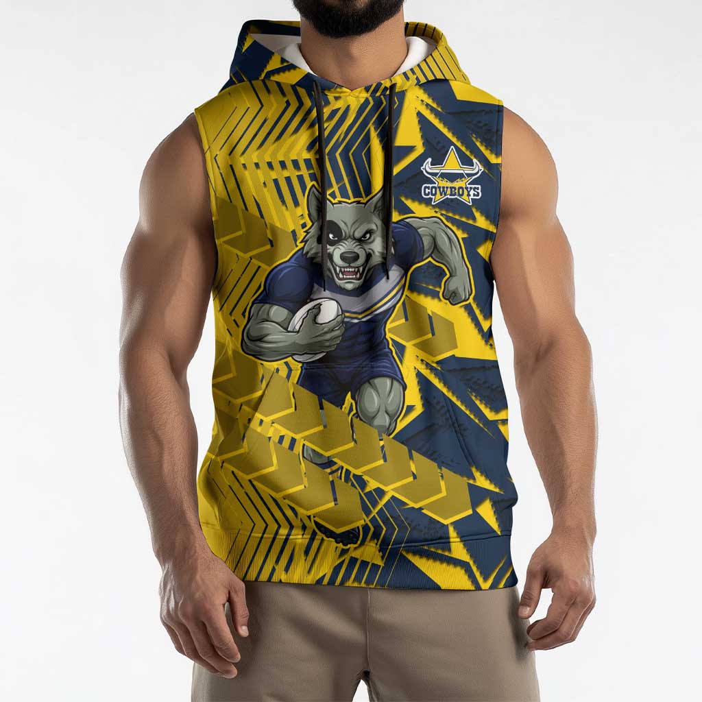 North Queensland Cowboys Rugby Sleeveless Hoodie Fierce Mascot Geometric Tribal Art