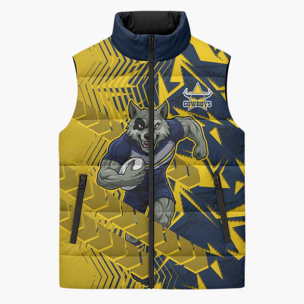 North Queensland Cowboys Rugby Sleeveless Puffer Jacket Fierce Mascot Geometric Tribal Art