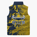 North Queensland Cowboys Rugby Sleeveless Puffer Jacket Fierce Mascot Geometric Tribal Art