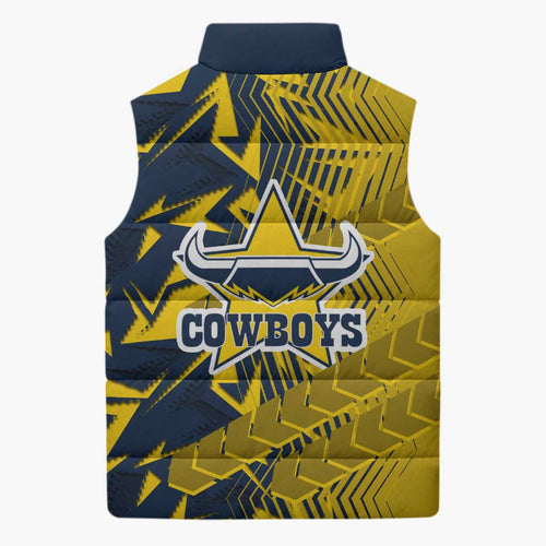 North Queensland Cowboys Rugby Sleeveless Puffer Jacket Fierce Mascot Geometric Tribal Art