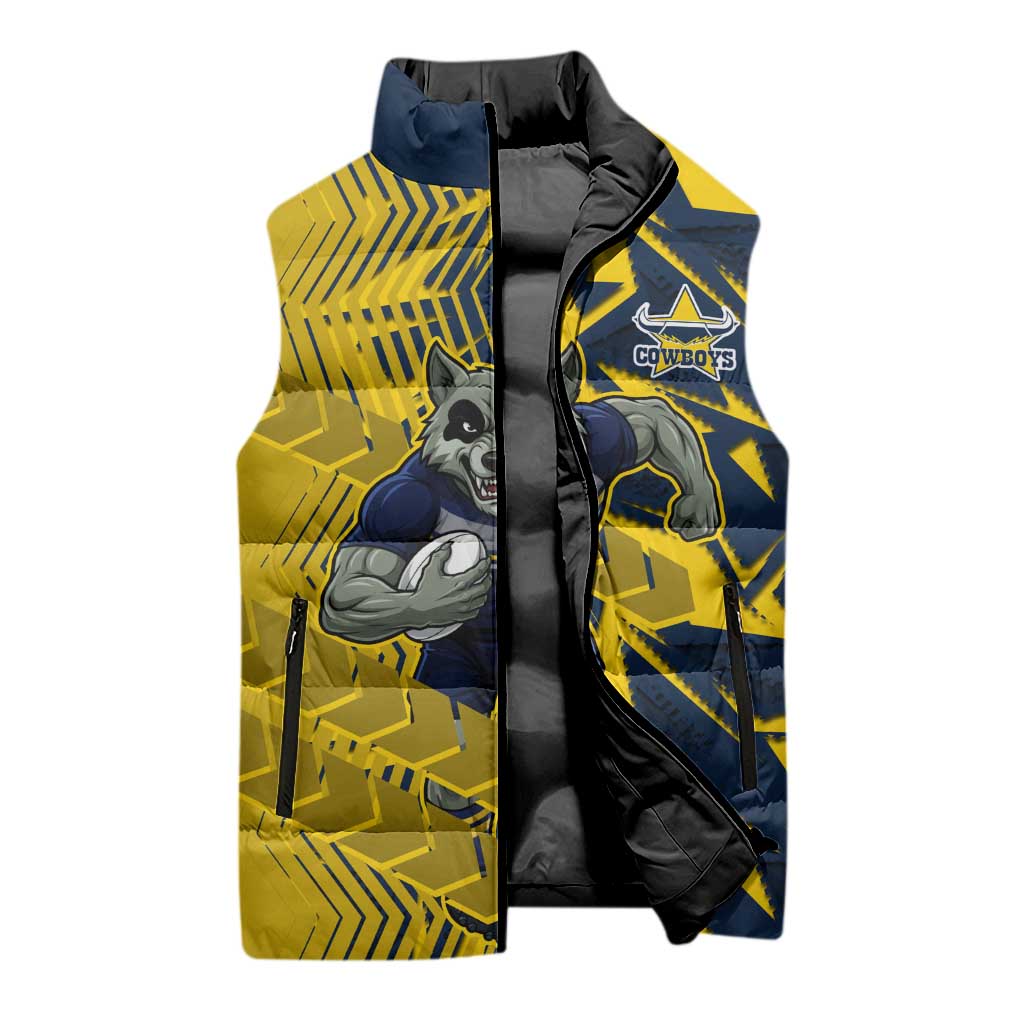 North Queensland Cowboys Rugby Sleeveless Puffer Jacket Fierce Mascot Geometric Tribal Art