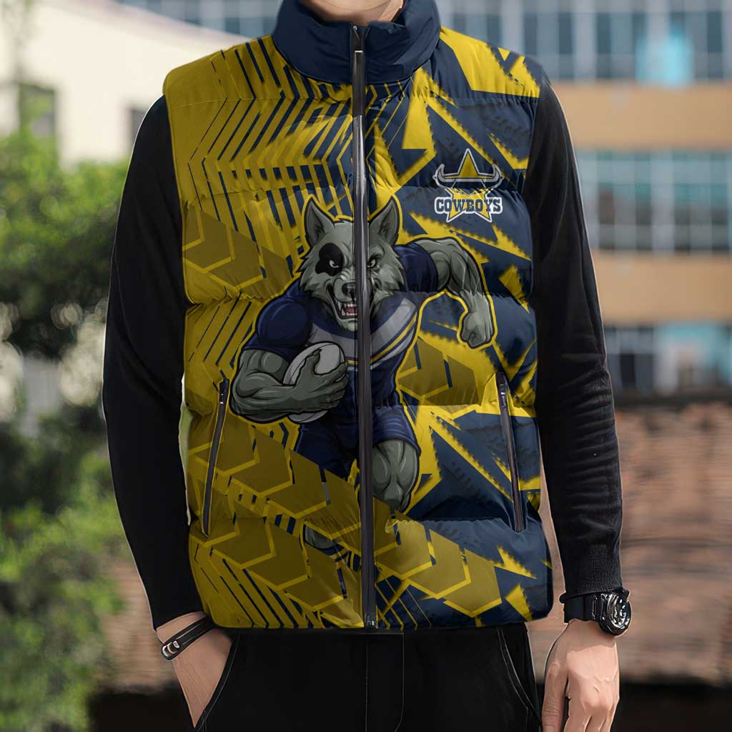 North Queensland Cowboys Rugby Sleeveless Puffer Jacket Fierce Mascot Geometric Tribal Art