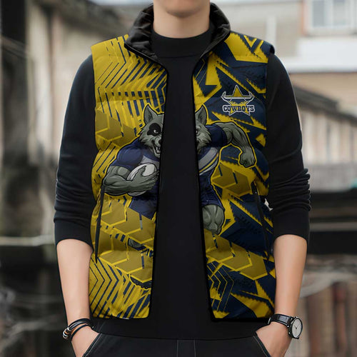 North Queensland Cowboys Rugby Sleeveless Puffer Jacket Fierce Mascot Geometric Tribal Art