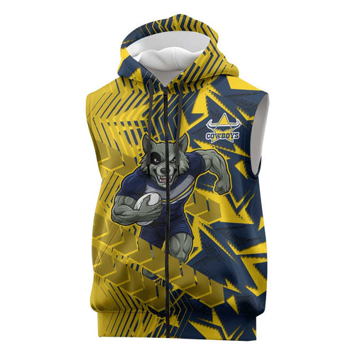 North Queensland Cowboys Rugby Sleeveless Zip Hoodie Fierce Mascot Geometric Tribal Art