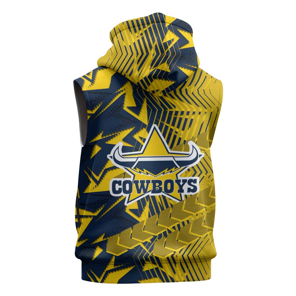 North Queensland Cowboys Rugby Sleeveless Zip Hoodie Fierce Mascot Geometric Tribal Art