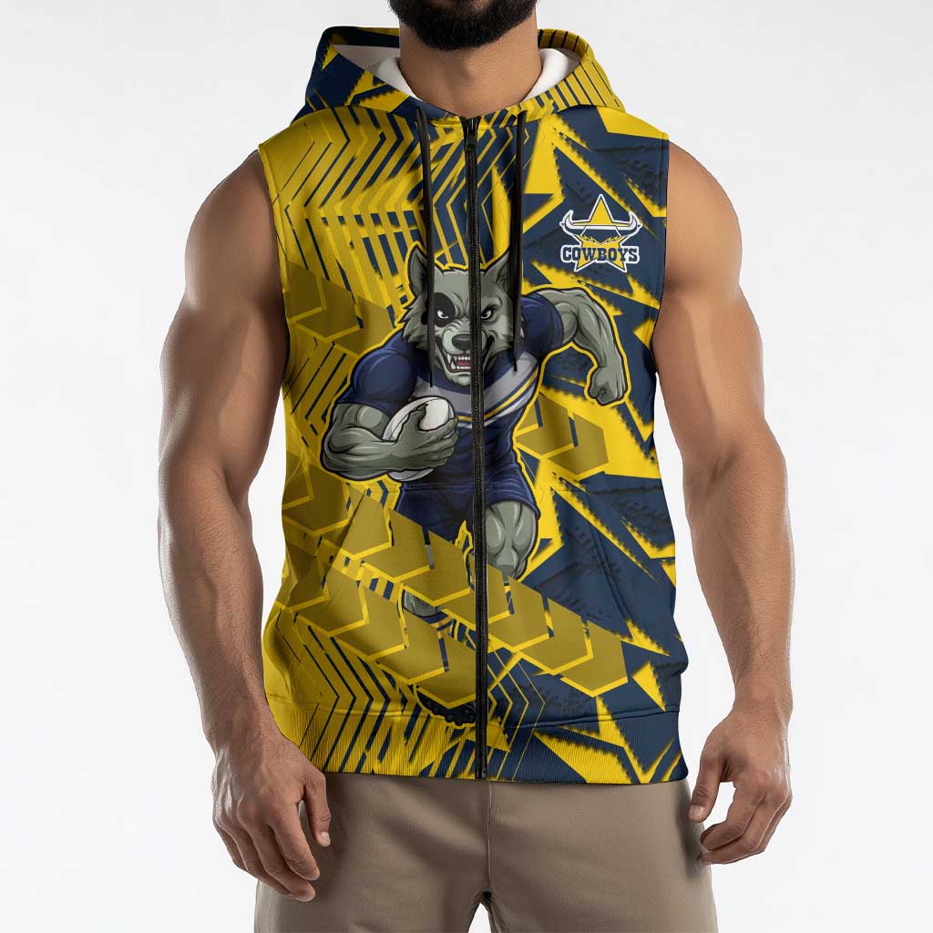 North Queensland Cowboys Rugby Sleeveless Zip Hoodie Fierce Mascot Geometric Tribal Art