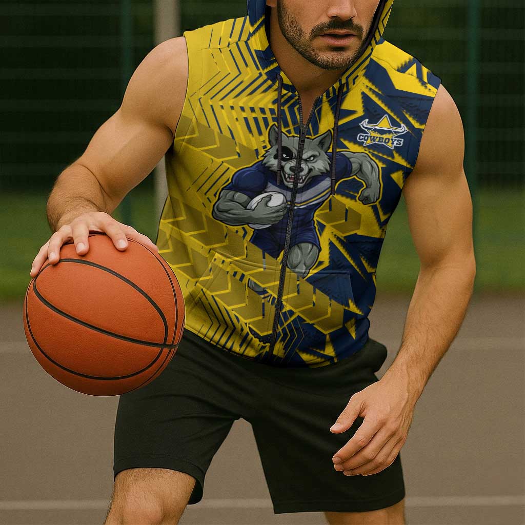 North Queensland Cowboys Rugby Sleeveless Zip Hoodie Fierce Mascot Geometric Tribal Art
