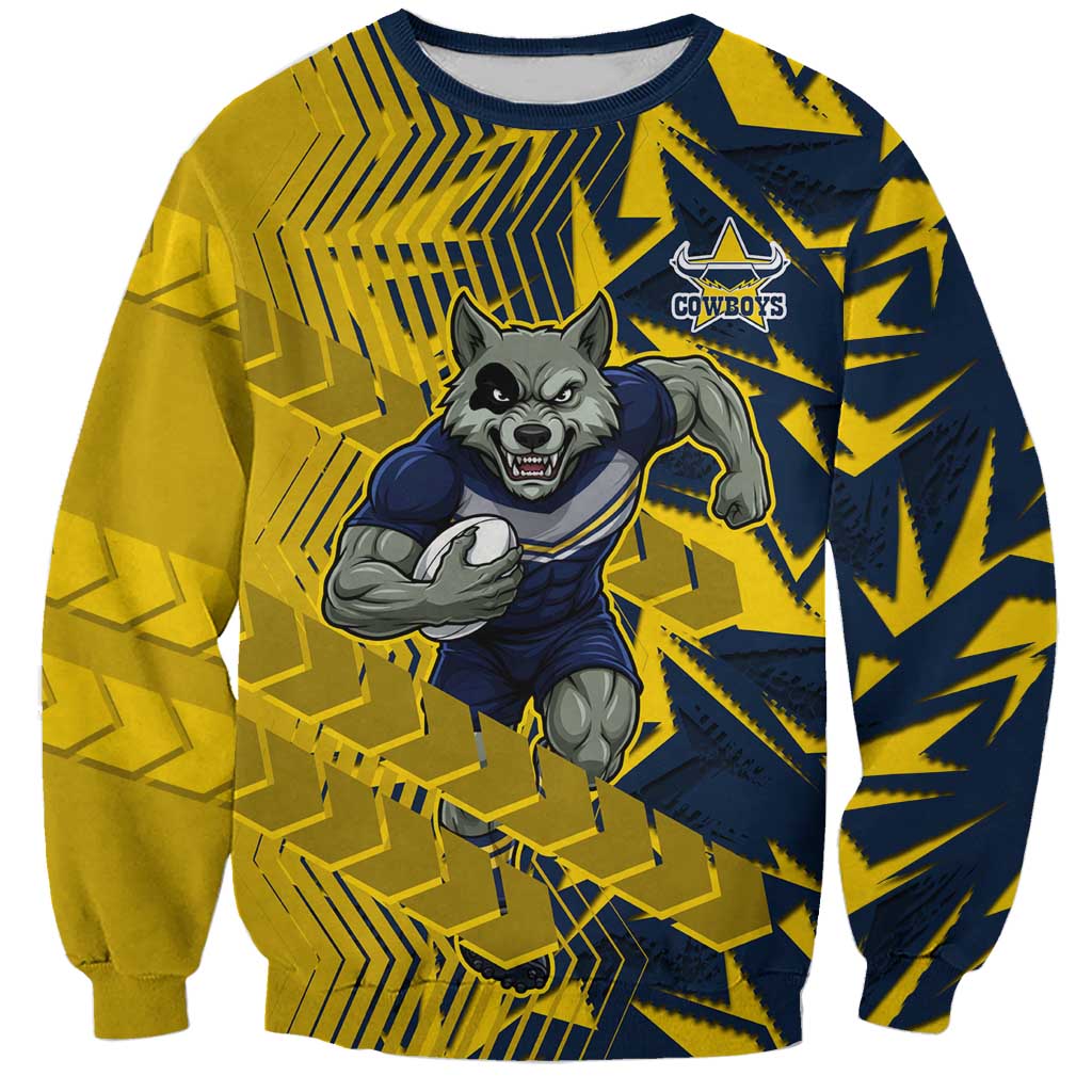 North Queensland Cowboys Rugby Sweatshirt Fierce Mascot Geometric Tribal Art