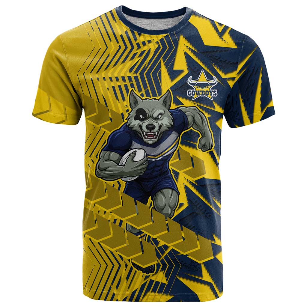 North Queensland Cowboys Rugby T Shirt Fierce Mascot Geometric Tribal Art