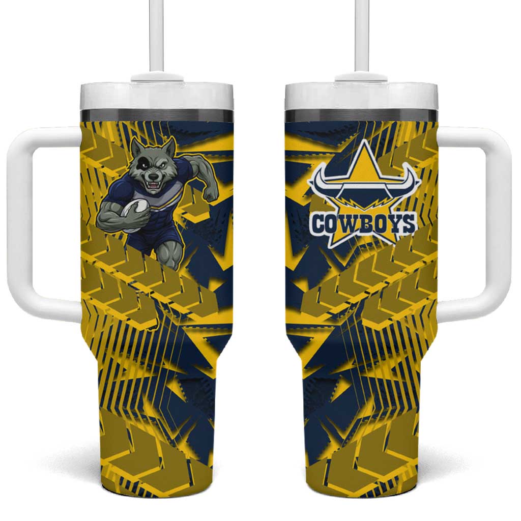 North Queensland Cowboys Rugby Tumbler With Handle Fierce Mascot Geometric Tribal Art