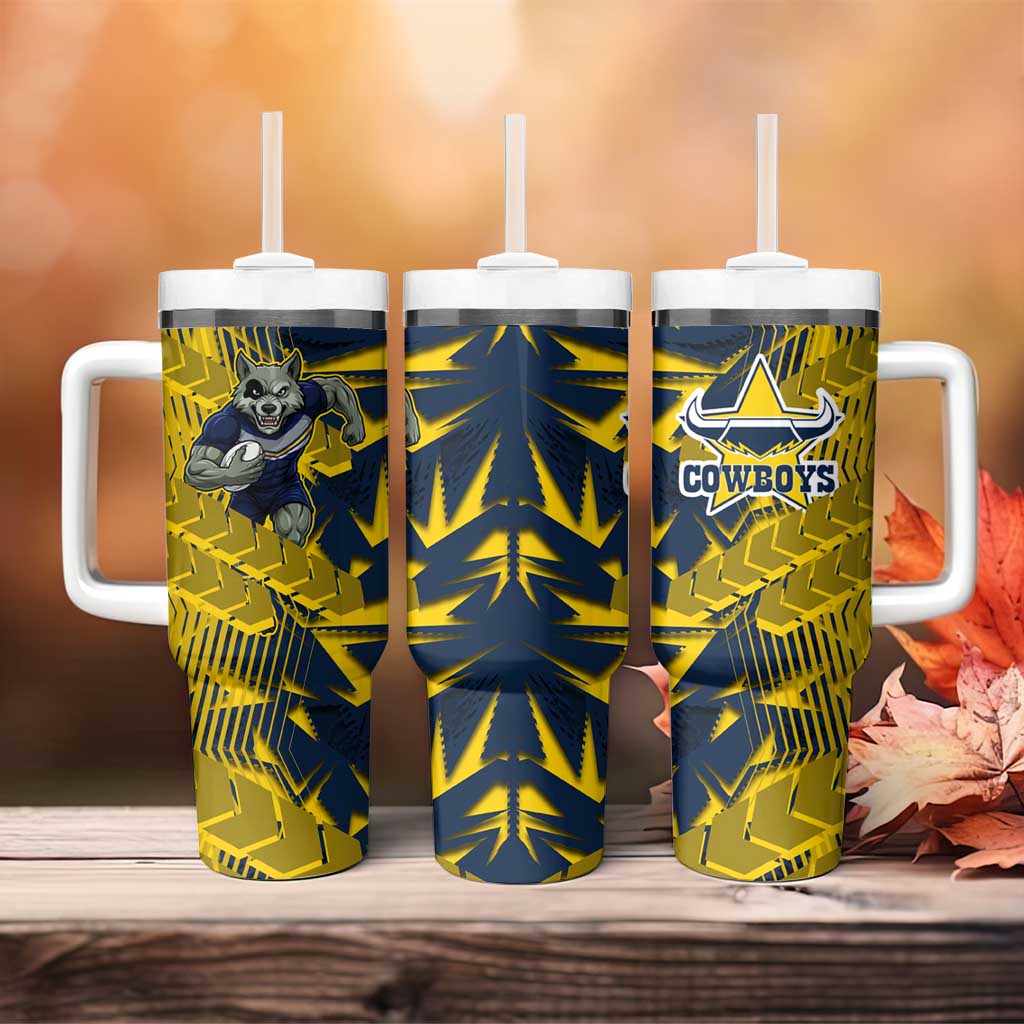 North Queensland Cowboys Rugby Tumbler With Handle Fierce Mascot Geometric Tribal Art