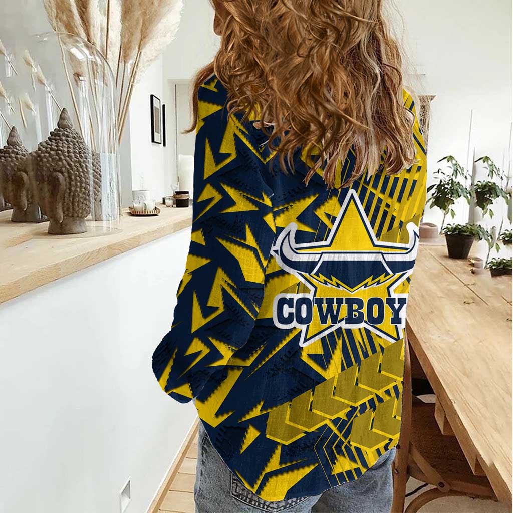North Queensland Cowboys Rugby Women Casual Shirt Fierce Mascot Geometric Tribal Art